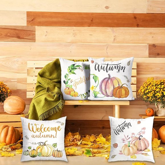 NEW Fall Decor Pillow Covers 18x18 Set of 4- Grateful, 2 Autumn, Welcome Autumn - Picture 8 of 11